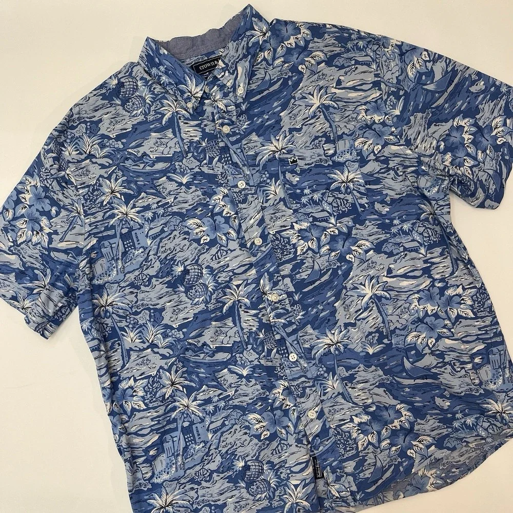 Crown & Ivy Men's Blue Button Down Hawaiian Classic‎ Fit Shirt Size Large